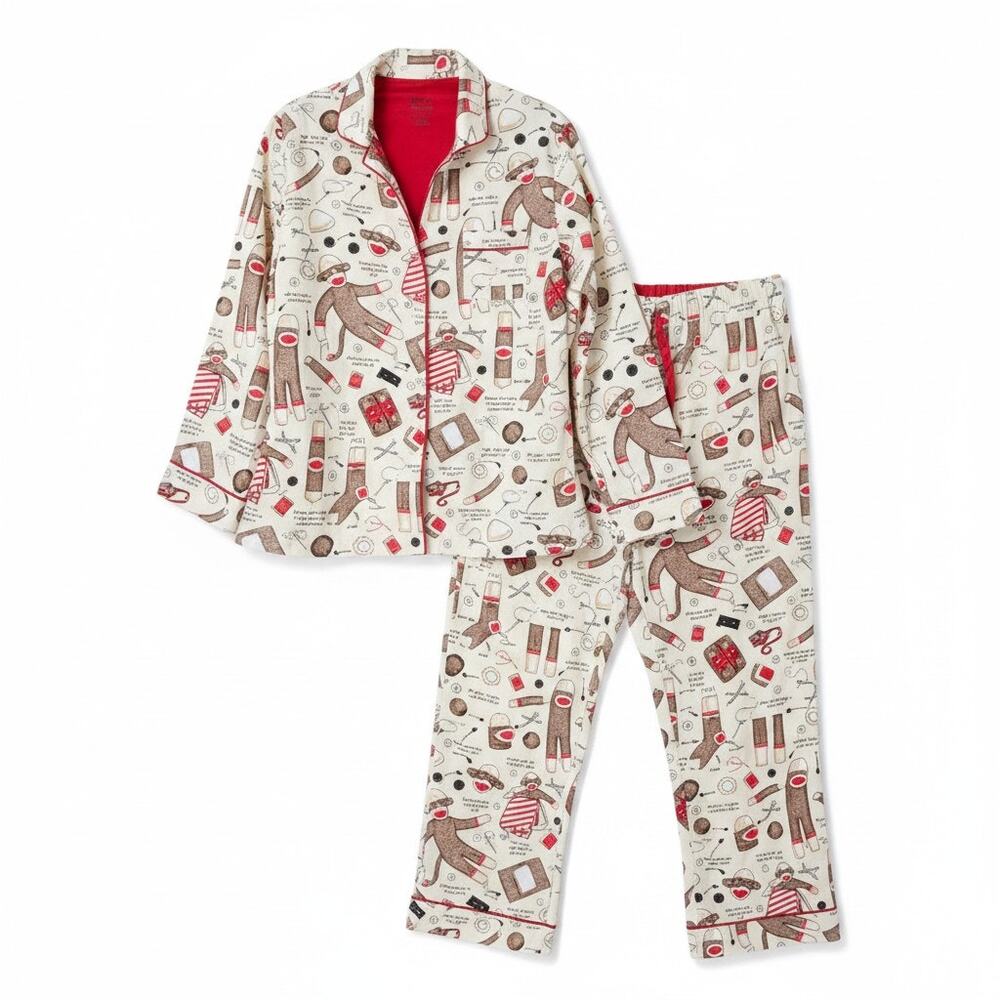 Vintage Y2K Nick Nora L Sock Monkey Cotton Flannel 2 Piece Pajama Sew Whimsy